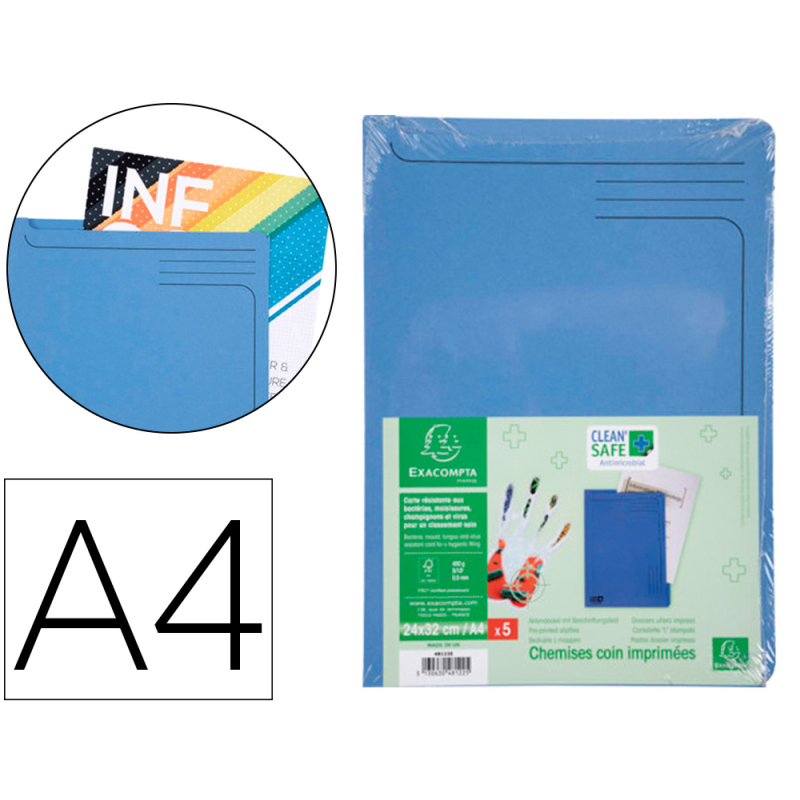 Carpeta dossier uñero exacompta clean safe cartulina 400 gr din a4 azul paquete de 5 unidades