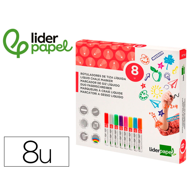 Rotulador liderpapel tiza liquida punta redonda trazo 6 mm caja de 8 unidades colores surtidos