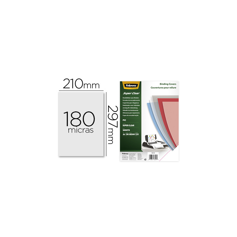 Tapa de encuadernacion fellowes din a4 pvc transparente cristal 180 micras pack de 100 unidades
