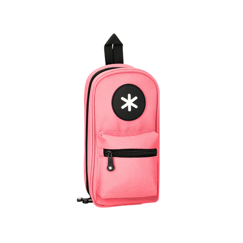 Estuche portatodo antartik forma de mochila con bolsillo y 4 departamentos color coral 230x50x120 mm