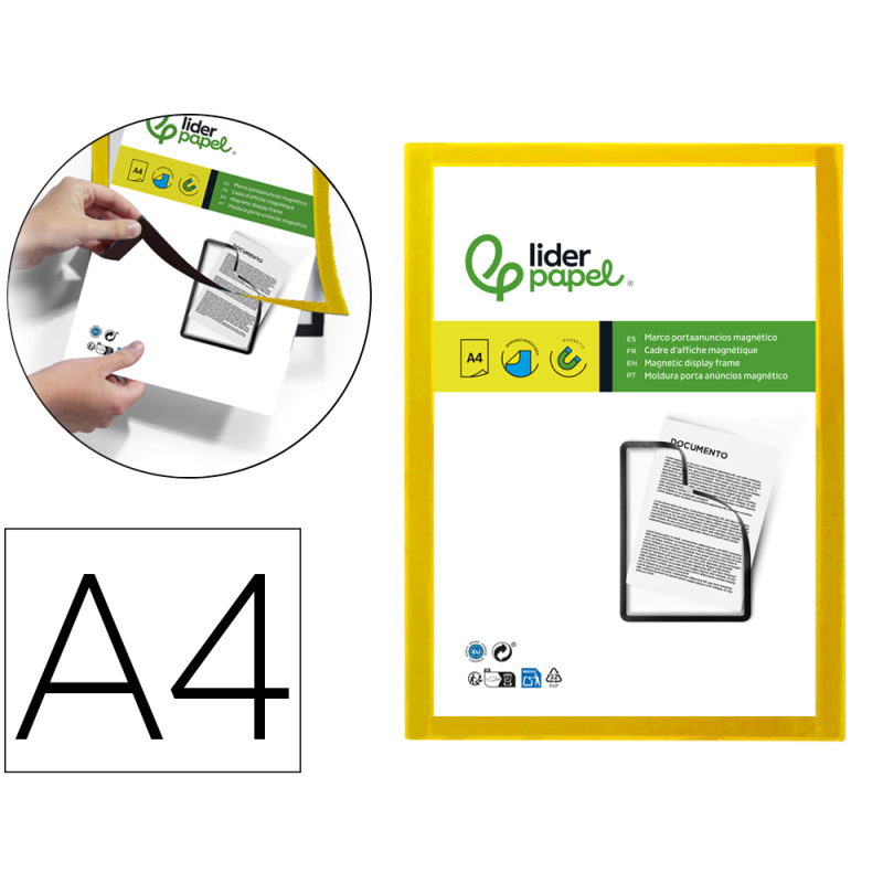 Marco porta anuncios liderpapel magnetico din a4 dorso adhesivo removible color amarillo