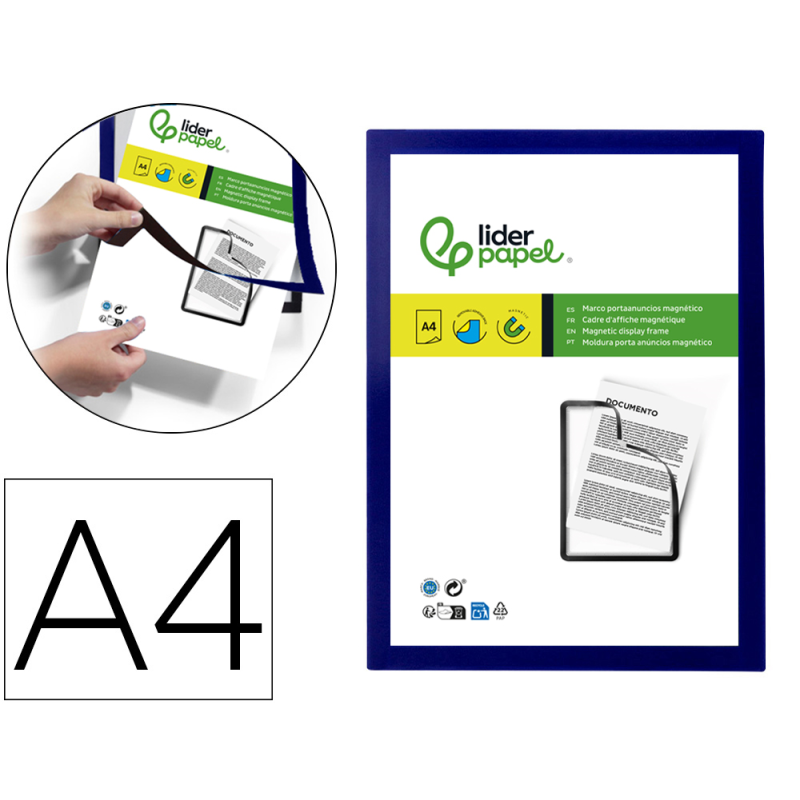 Marco porta anuncios liderpapel magnetico din a4 dorso adhesivo removible color azul