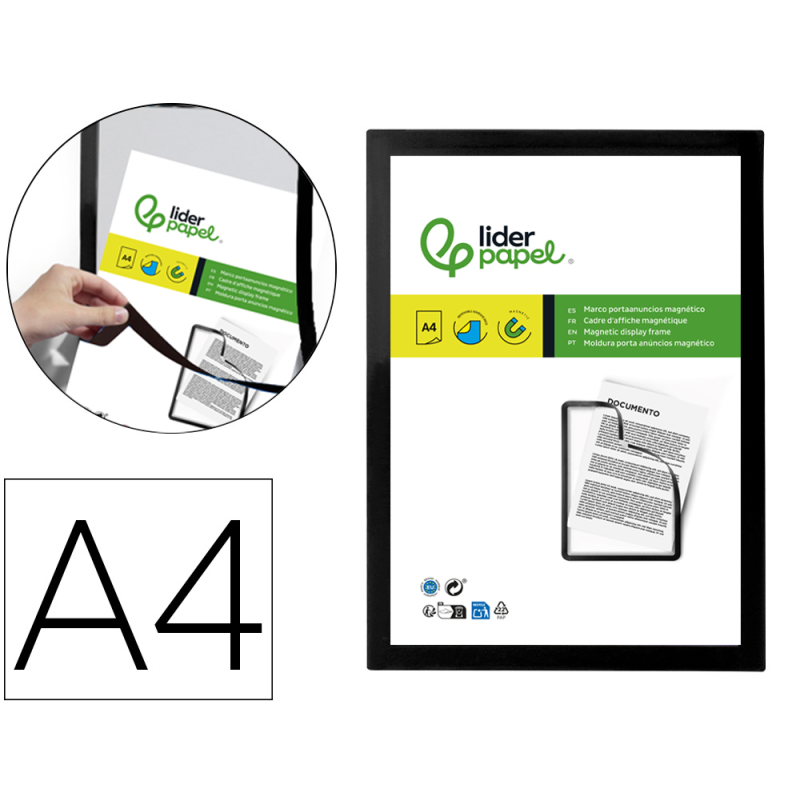 Marco porta anuncios liderpapel magnetico din a4 dorso adhesivo removible color negro