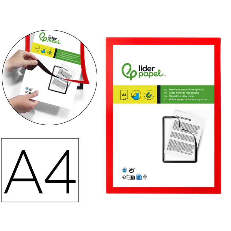 Marco porta anuncios liderpapel magnetico din a4 dorso adhesivo removible color rojo