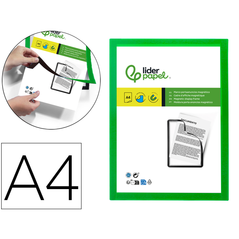 Marco porta anuncios liderpapel magnetico din a4 dorso adhesivo removible color verde