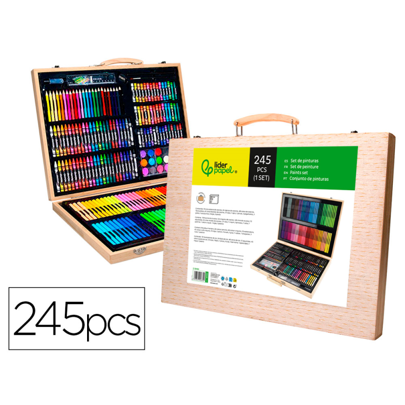 Estuche de pintura liderpapel madera 245 piezas maletin 49x36,6x4,5 cm