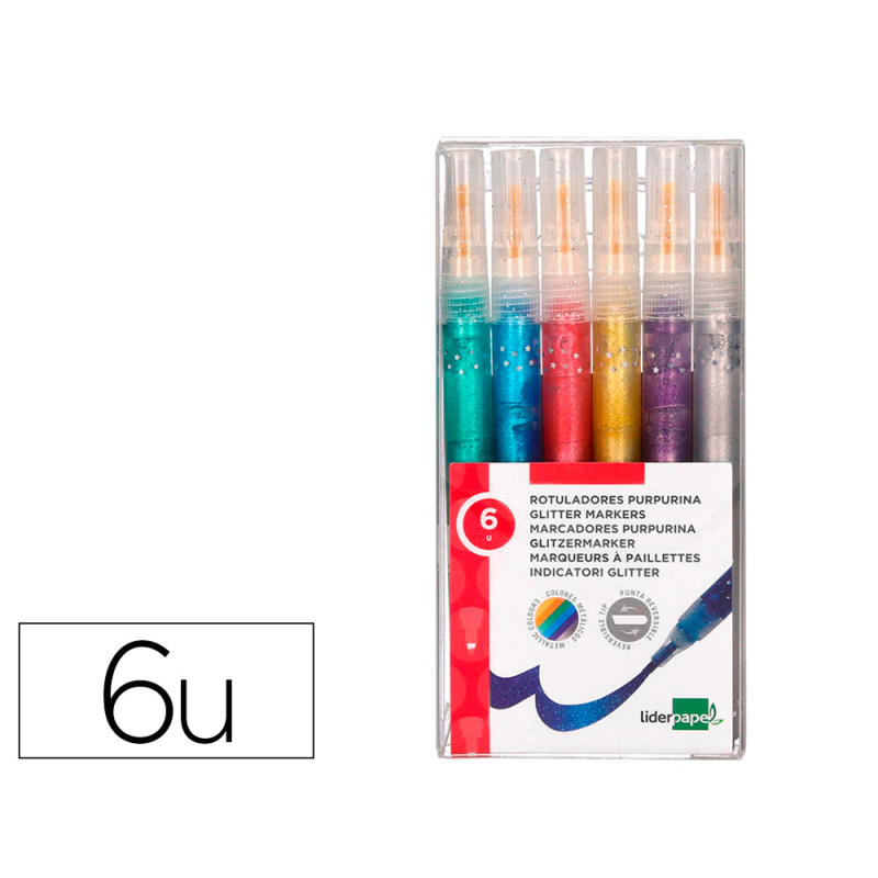 Rotulador liderpapel efecto purpurina metalizada punta reversible bolsa de 6 unidades colores surtidos