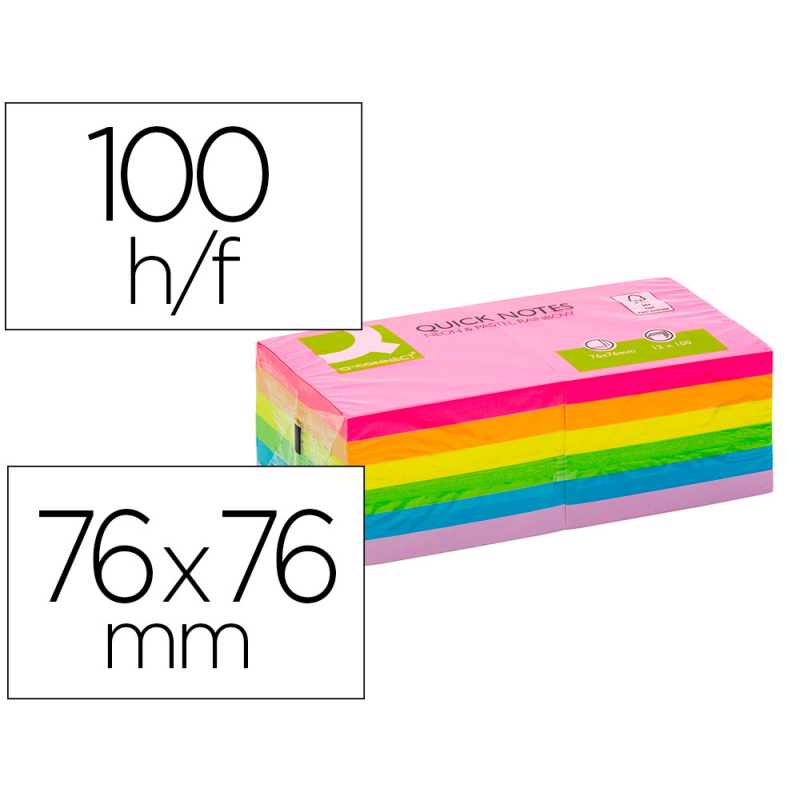 Bloc de notas adhesivas quita y pon q-connect 76x76 mm fsc colores neon y pastel surtidos