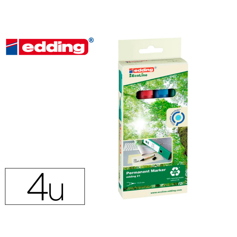 Rotulador edding 21 marcador permanente ecoline 90% reciclado bolsa 4 colores surtidos punta redonda 1,5-3