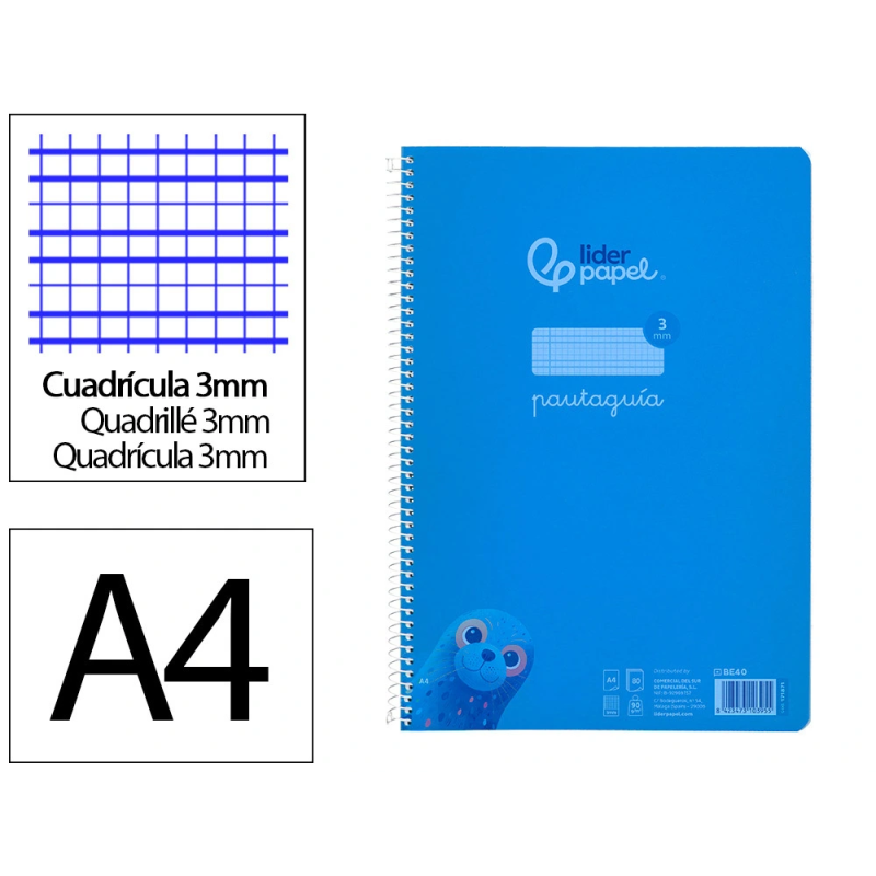Cuaderno espiral liderpapel a4 pautaguia tapa plastico 80h 90gr cuadro pautado 3mm con margen color azul