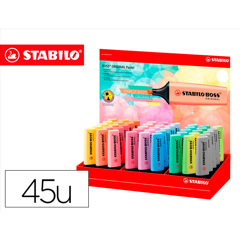 Rotulador stabilo boss fluorescente 70 pastel expositor de 45 unidades colores surtidos