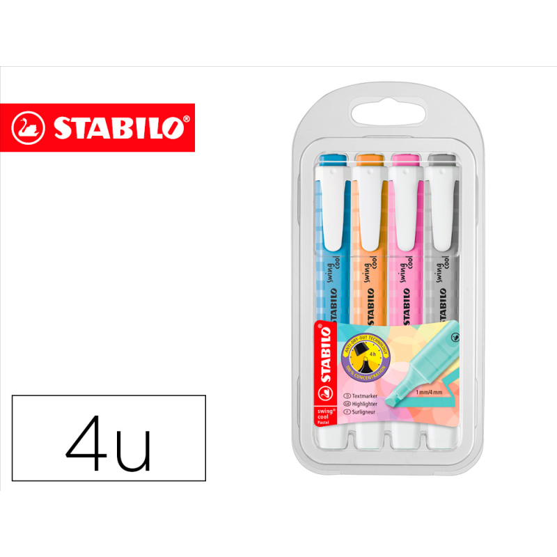 Rotulador stabilo fluorescente fino swing cool pastel estuche de 4 unidades colores surtidos