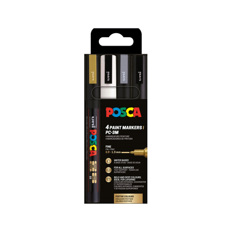 Rotulador uni posca pc-3m/4c marcador de pintura punta conica 0,9-1,3 mm gswb estuche de 4 unidades