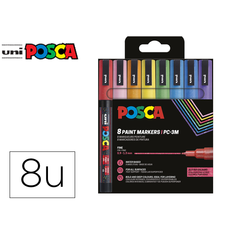 Rotulador uni posca pc-3m/8c marcador de pintura punta conica 0,9-1,3 mm estuche de 8 unidades colores purpurina