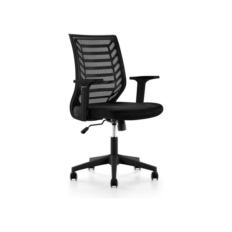 Silla rocada de oficina con brazos respaldo en malla transpirable y asiento tapizado en tela ignifuga