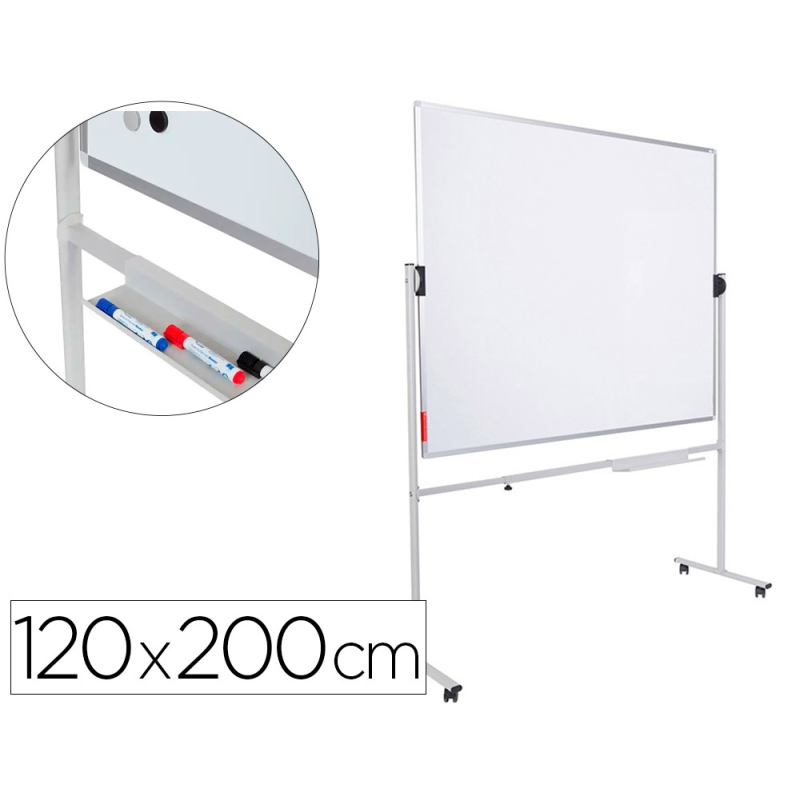 Pizarra blanca rocada volteable doble cara acero lacado magnetico con bandejas accesorios 120x90 cm