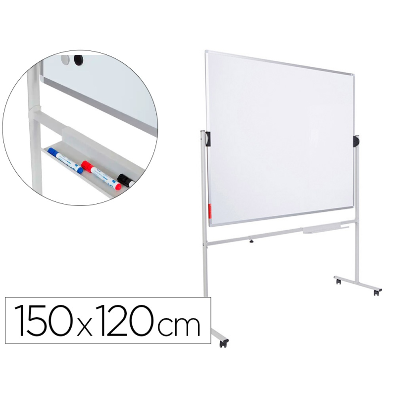 Pizarra blanca rocada volteable doble cara acero lacado magnetico con bandejas accesorios 150x120 cm
