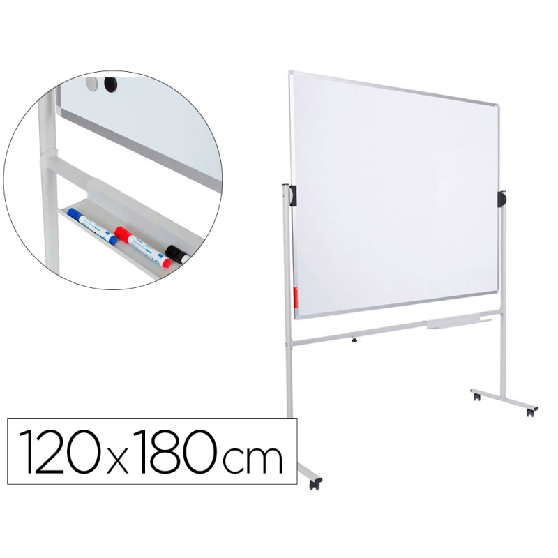 Pizarra blanca rocada volteable doble cara acero lacado magnetico con bandejas accesorios120x180 cm
