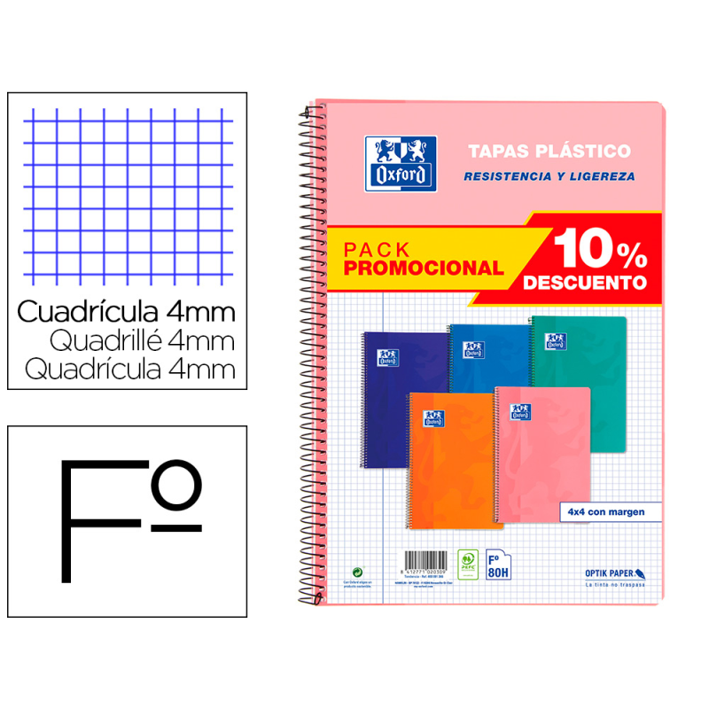 Cuaderno espiral oxford tapa plastico folio 80 hojas cuadro 4 mm pack 5 unidades colores tendecias