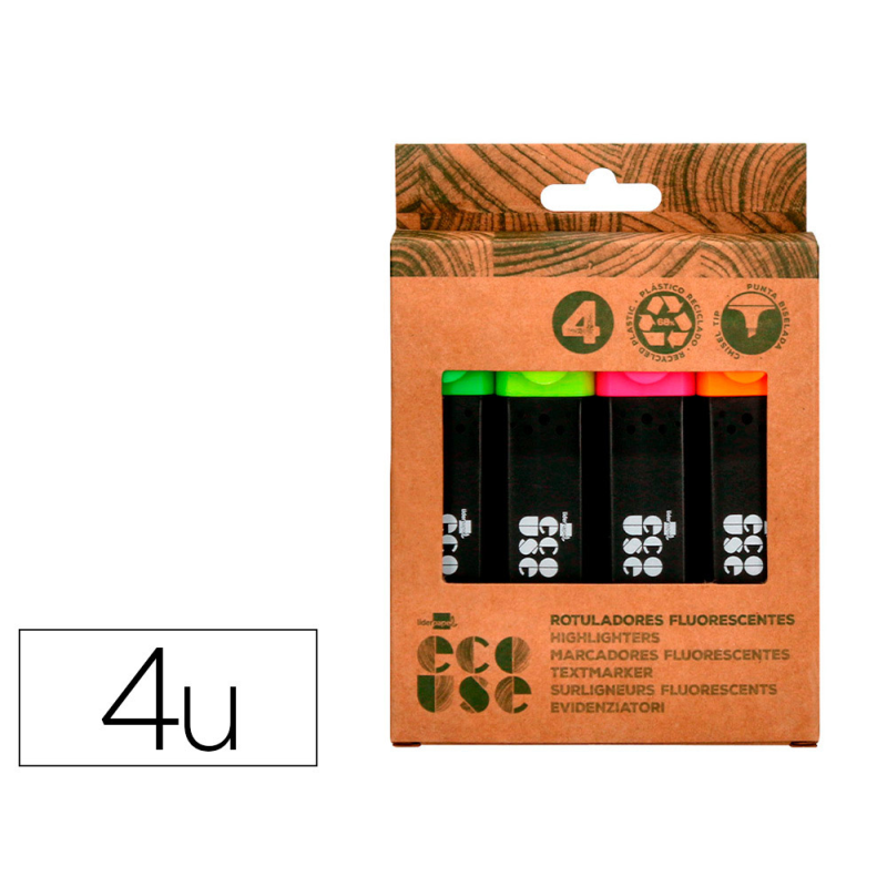 Rotulador liderpapel ecouse fluorescente fabricado con 68% plastico reciclado caja de 4 unidades colores surtidos