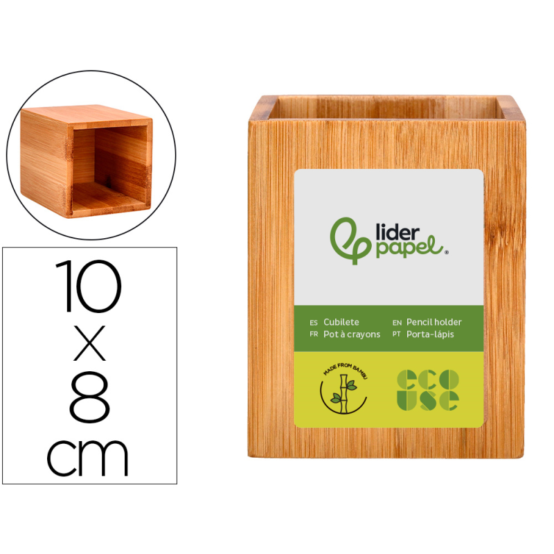Cubilete portalapices liderpapel bambu 100% natural ecouse cuadrado 80x80x100 mm