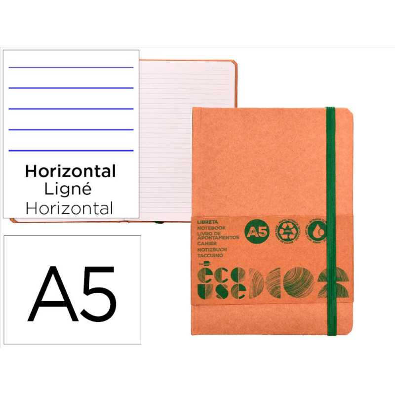 Libreta liderpapel ecouse 100% reciclada a5 96 hojas 70gr horizontal con gomilla y marca paginas