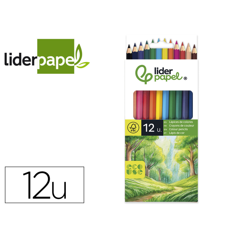 Lapices de colores liderpapel ecouse caja de 12 unidades colores surtidos con certificado fsc