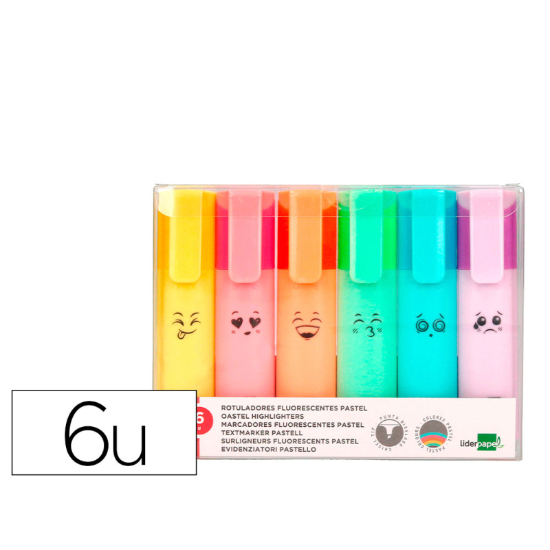 Rotulador liderpapel fluorescente pastel punta biselada estuche de 6 unidades colores surtidos