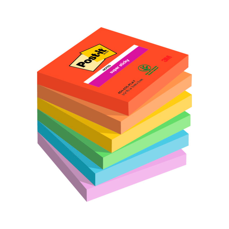 Bloc de notas adhesivas quita y pon post-it super sticky playful 76x76 mm 90 hojas 100% pefc pack de 6 unidades