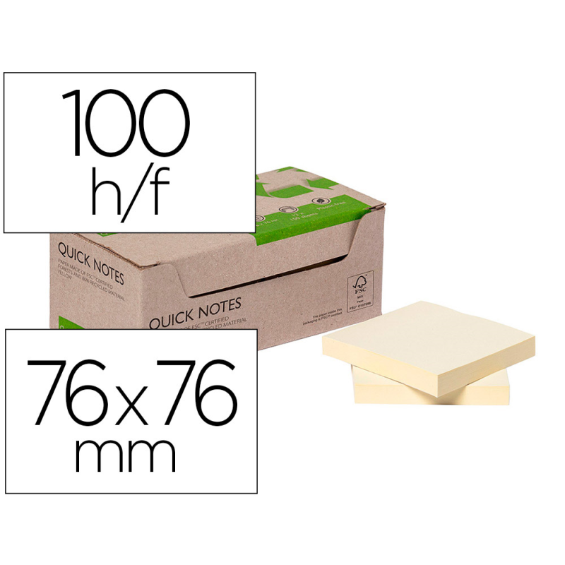 Bloc de notas adhesivas quita y pon q-connect 76x76 mm 100% papel reciclado amarillo en caja de carton