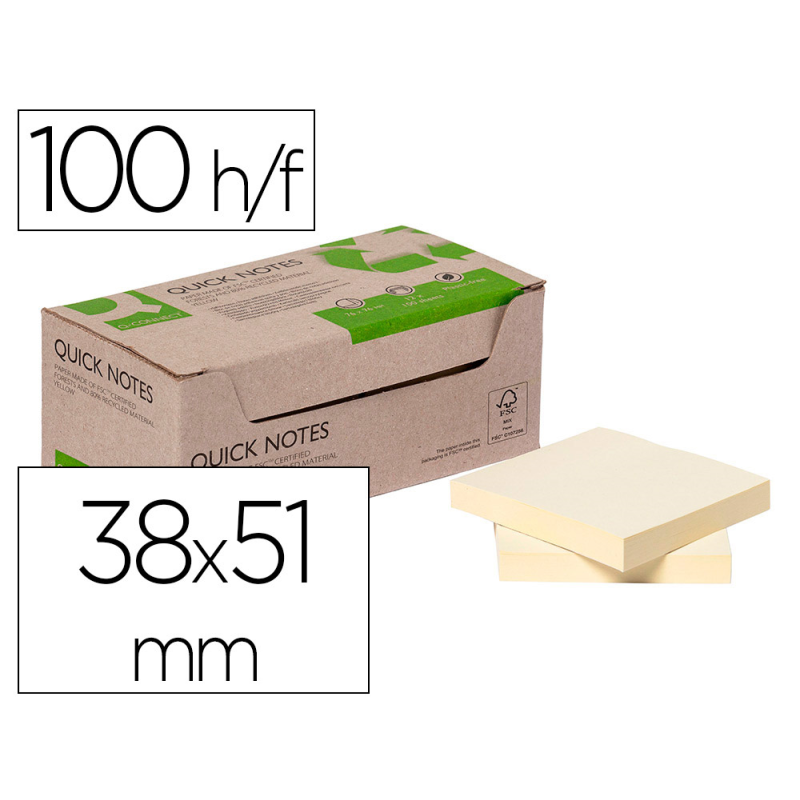 Bloc de notas adhesivas quita y pon q-connect 38x51 mm 100% papel reciclado amarillo en caja de carton