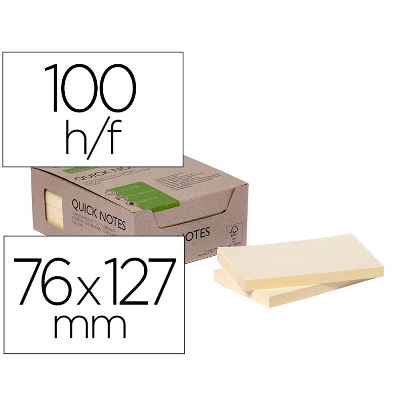 Bloc de notas adhesivas quita y pon q-connect 76x127 mm 100% papel reciclado amarillo en caja de carton