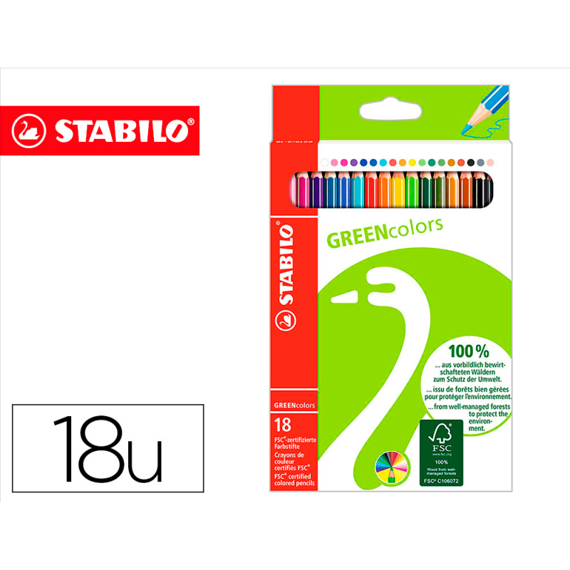 Lapices de colores stabilo green colors con certificado fsc estuche carton de 18 unidades colores surtidos