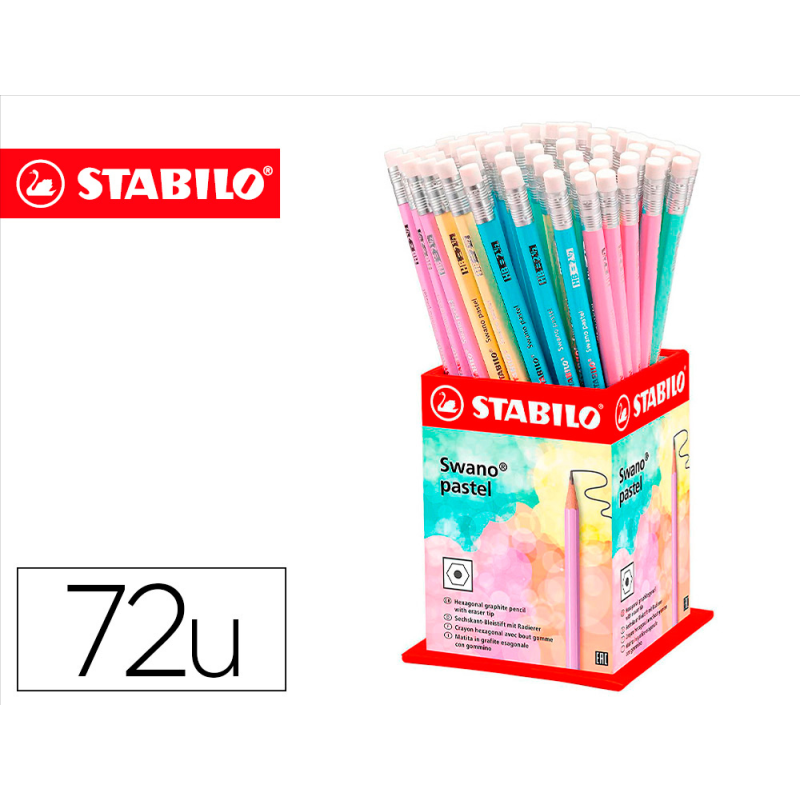 Lapices de grafito con goma stabilo swano mina 2,2 mm dureza hb expositor de 72 unidades colores pasteles