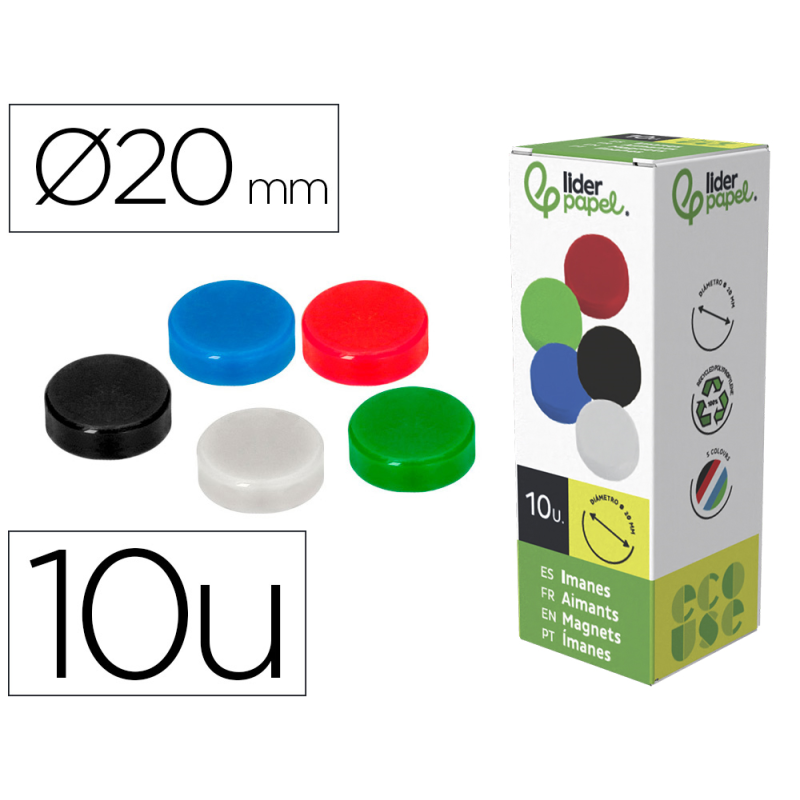 Iman para sujecion liderpapel ecouse pp recicladopara pizarra magnetica 20 mm caja de 10 unidades