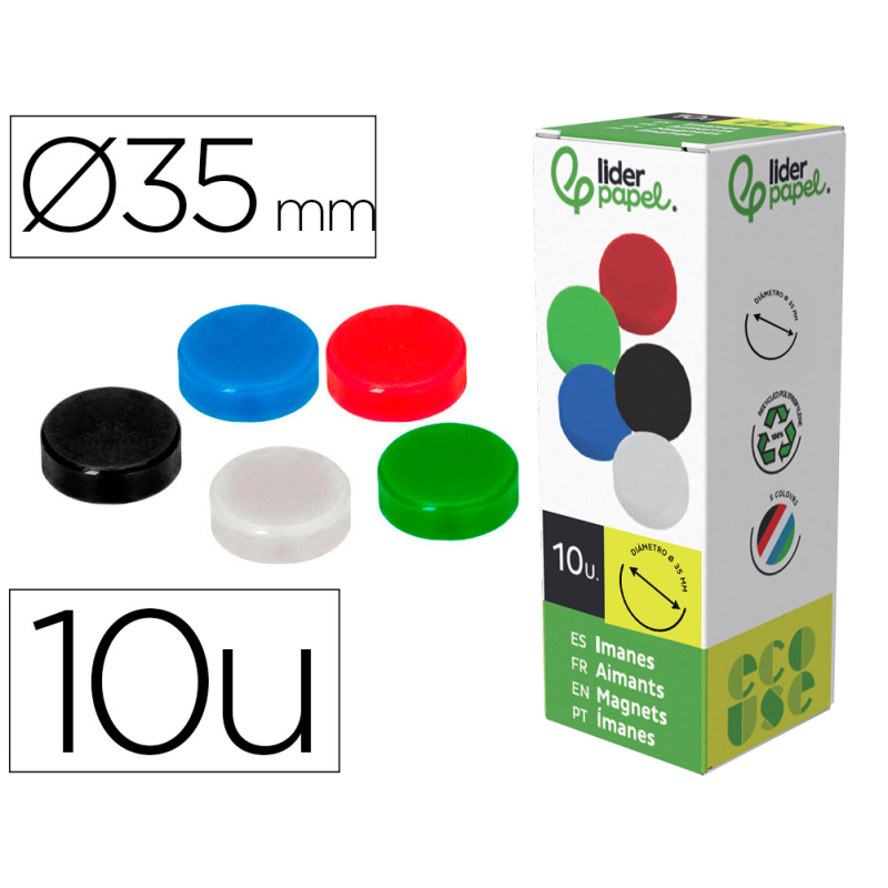 Iman para sujecion liderpapel ecouse pp reciclado para pizarra magnetica 35 mm caja de 10 unidades