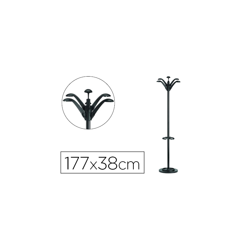 Perchero metalico unilux flora pie 6 colgadores con paraguero y bandeja goteo negro 177x38 cm