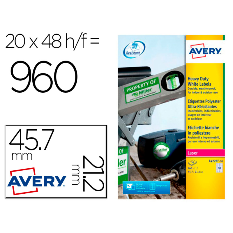 Etiqueta adhesiva resistente avery poliester blanco laser 45,7x21,2 mm caja de 960 unidades