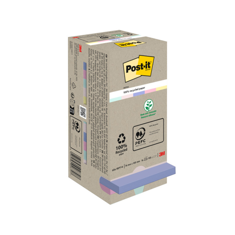 Bloc de notas adhesivas quita y pon post-it 76x76 mm 100% reciclada pefc en torre pack de 16 unidades colores