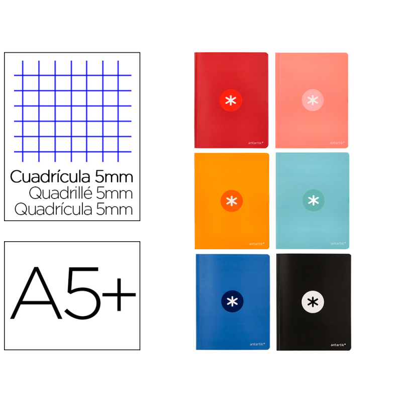 Libreta antartik a5+ plus cosida 48 hojas 90gr cuadro 5mm con margen 6 colores surtidos