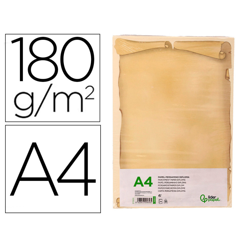 Papel pergamino liderpapel din a4 diploma 180 gr paquete de 50 hojas