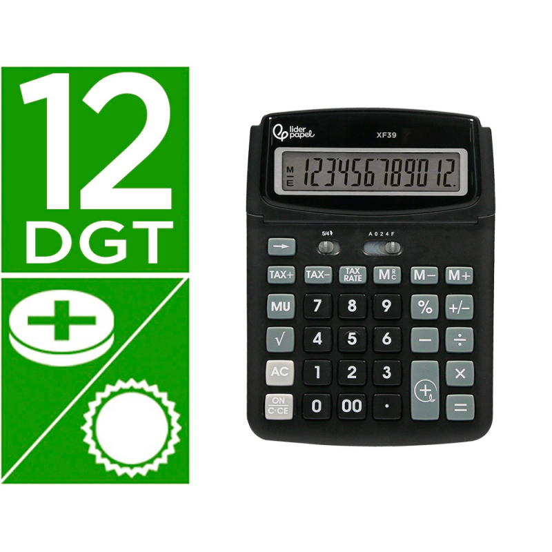 Calculadora liderpapel sobremesa xf39 12 digitos solar y pilas color negro 190x140x32 mm 40% reciclada