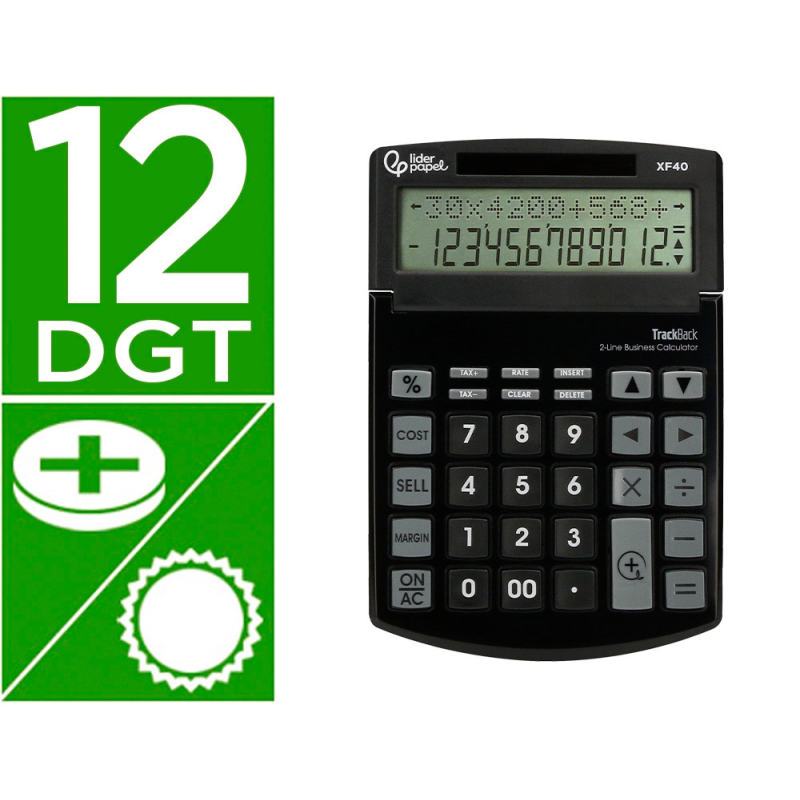 Calculadora liderpapel sobremesa xf40 12 digitos dos lineas solar y pilas negro 175x120x30 mm 40% reciclada