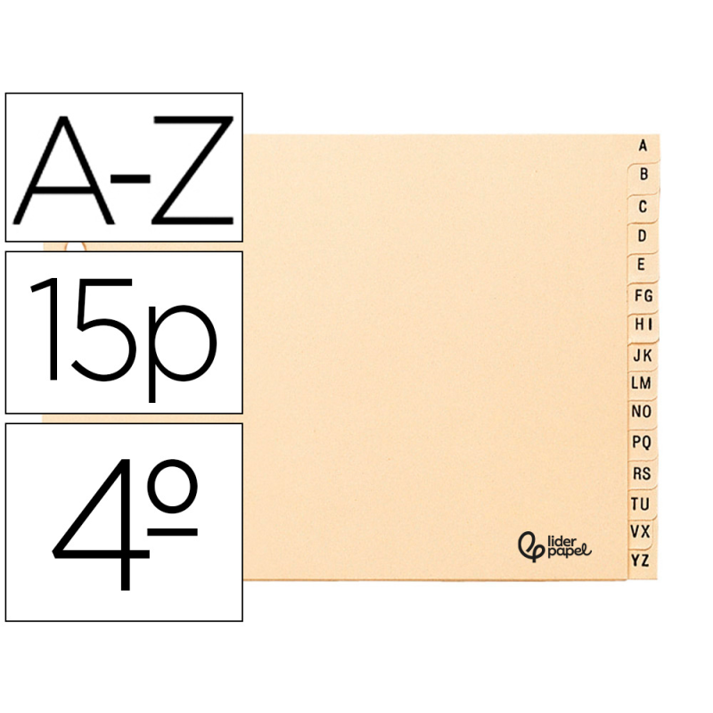 Indice alfabetico liderpapel cartulina para archivador 15 posiciones a-z cuarto apaisado