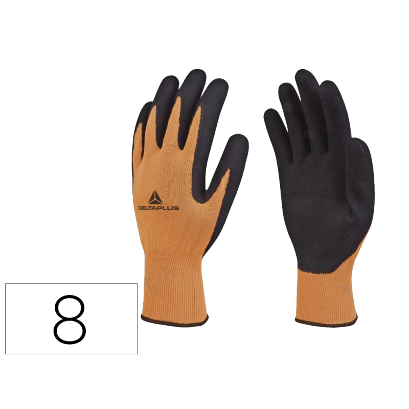 Guantes deltaplus poliester impregando latex palma y dedos naranja fluor/negro talla 8