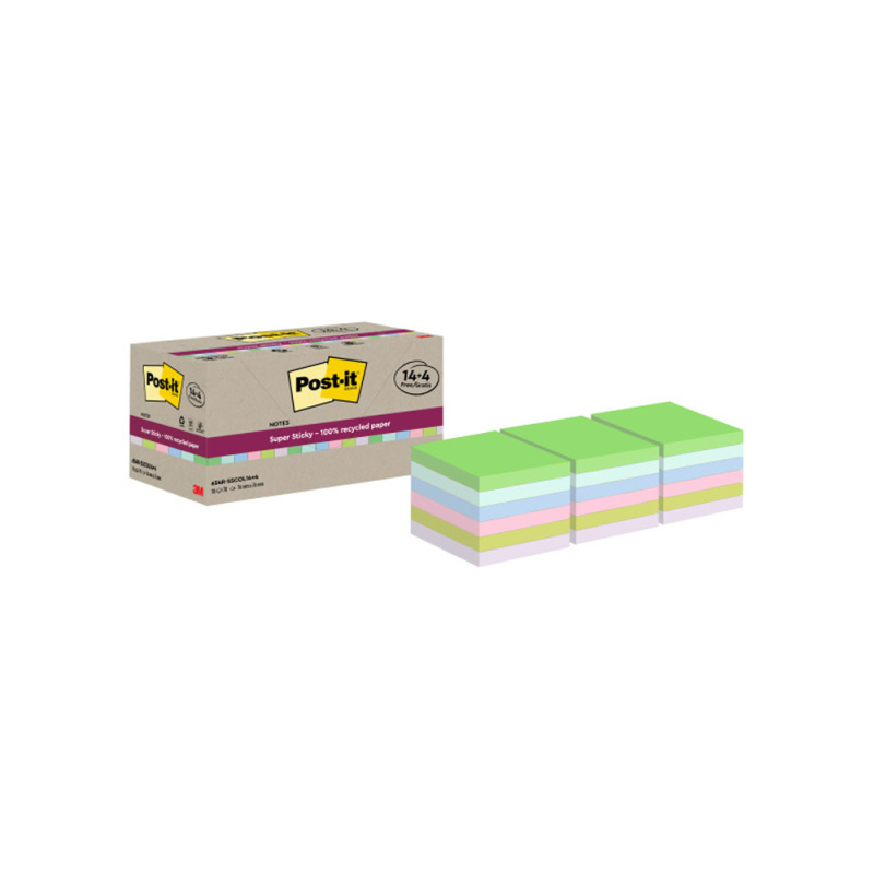 Bloc de notas adhesivas quita y pon post-it super sticky 76x76 mm 70 hojas recicladas paquete de 14 unidades