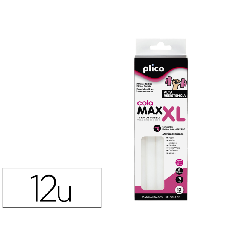 Barra termofusible plico cola extrafuerte max xl 11,5 mm de diametro x 200 mm de alto blister de 12 unidades