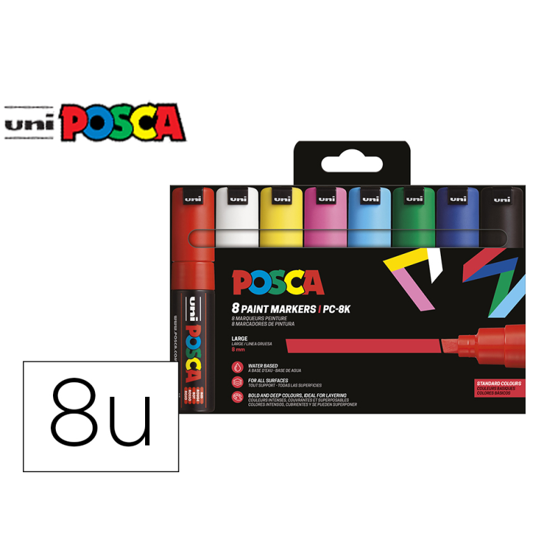 Rotulador uni posca pc-8k/8c marcador de pintura punta biselada 8 mm estuche de 8 unidades colores basicos