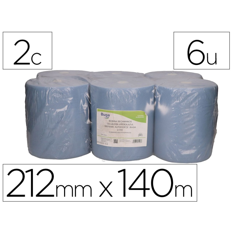 Papel secamanos bunzl 2 capas greensource celulosa reciclada azul 212mm x 140mt sistema autocorte paquete de 6 rollos