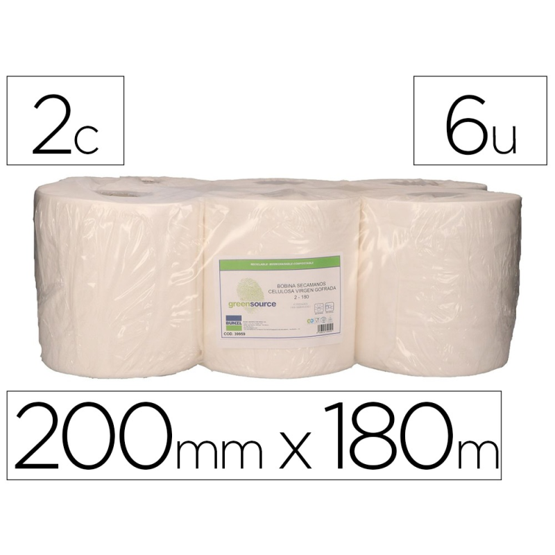 Papel secamanos bunzl greensource 2 capas celulosa blanca 200 mm x 180 mt paquete de 6 rollos
